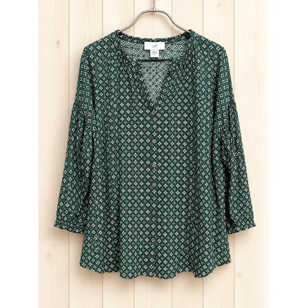 J. Jill Womens XL Green Geometric Medallion Rayon Button Front Balloon Top